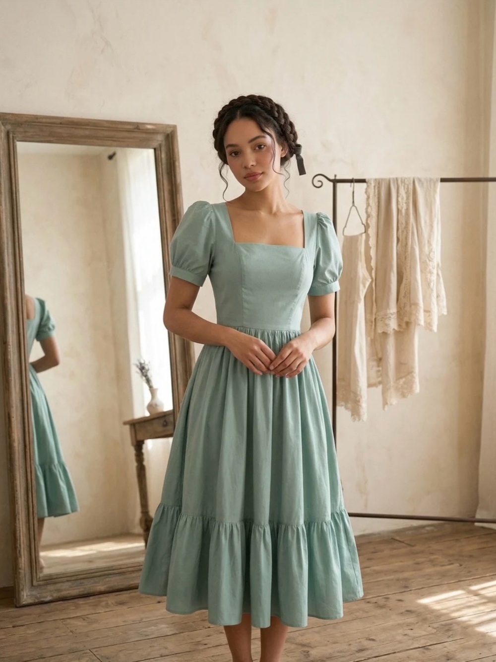 Hearts and Found Isadora Jade Green Solid Cotton Dress